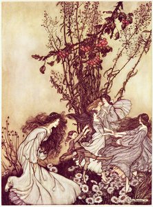 Tanssii keijujen kanssa J. M. Barrien elokuvasta "Peter Pan Kensington Gardensissa", 1906 34: Peter Pan Kensington Gardensissa, J. M. Barrie: Tanssii keijujen kanssa, 1906 tekijältä Arthur Rackham