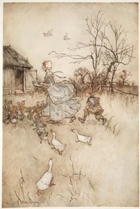 Varustettuna parilla isänsä irrotettuja galligaskins-housuja, jotka hänellä oli yhtä paljon pidettävää kuin hieno nainen harjoittelee huonolla säällä. Rip Van Winkle, Washington Irving, pubi. 1910 (väri li tekijältä Arthur Rackham