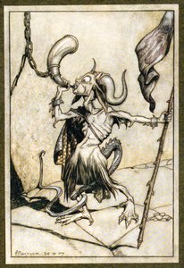 Ennen Barbicanin tornin portin torvea puhallettiin kovalla kahdenkymmenen trumpetin voimalla, 1907 tekijältä Arthur Rackham