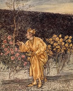 Jokainen kukka muuttui kullaksi, kuvitus Nathaniel Hawthornen "Ihmekirjasta tytöille ja pojille", 1928 tekijältä Arthur Rackham