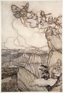 Keijut vuorilla, Washington Irvingin Rip Van Winkle, julkaisu. 1910 tekijältä Arthur Rackham