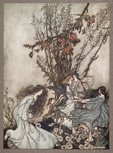 Keijut eivät koskaan sano: Tunnemme olomme onnellisiksi, he sanovat, että me tanssimme, Peter Pan Kensington Gardensissa, kirjoittanut J M Barrie (1860 - 1937), pubi. 1906 tekijältä Arthur Rackham