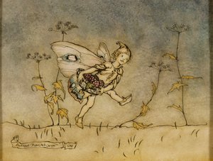 Keiju, kuvitus "Kesäyön unelmasta", julkaissut Heinemann, 1908 (kynä, muste ja wc paperilla) tekijältä Arthur Rackham