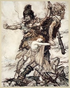 "Fasolt yhtäkkiä vangitsee Freian ja vetää hänet syrjään Fafnerin kanssa", 1910. tekijältä Arthur Rackham