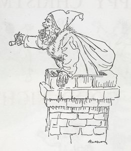 Joulupukki kiipeämässä savupiippua alas tekijältä Arthur Rackham