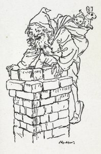 Joulupukki kiipeilemässä savupiipusta alas lahjasäkin kanssa tekijältä Arthur Rackham