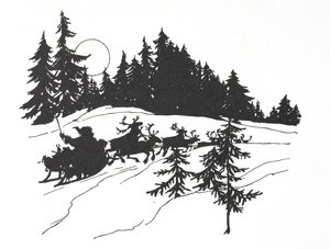 Joulupukki matkustaa rekillään lumisen metsän läpi tekijältä Arthur Rackham