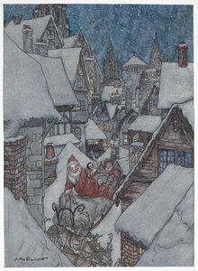 Joulupukki matkustaa lumisilla kaduilla rekillään tekijältä Arthur Rackham
