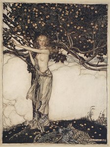 Freia, kaunis, kuvitus teoksesta The Rhinegold and the Valkyrie tekijältä Arthur Rackham