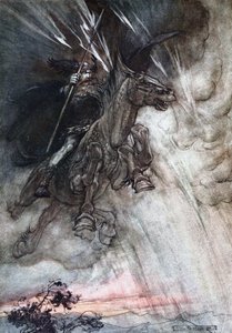 Wotan ratsastaa raivoissaan kalliolle. Kuvitus Richardin teoksiin The Rhinegold ja The Valkyrie tekijältä Arthur Rackham