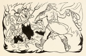 Goll mac Morna hyökkää helvettiin pelastaakseen Fionnin ja Fianna-Finnin, Irlantilaisissa saduissa olevasta teoksesta The Little Brawl at Allen. tekijältä Arthur Rackham