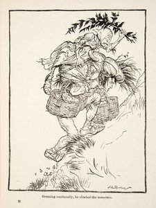 Jatkuvasti voihkien hän kiipesi vuorelle, teoksesta Pikkuveli & Pikkusisar ja Grimmin veljesten muita tarinoita, pub.1917 (litho) tekijältä Arthur Rackham