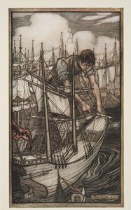 Gulliver takavarikoi vihollisen laivaston, Jonathon Swiftin (1667 - 1745) teoksesta Gullivers Travels (Gulliversin matkat), pub. 1909 tekijältä Arthur Rackham
