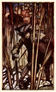 Gulliver pelästyy ensi näkemältä Brobdingnagian viikatemiehet alkaen osa II: Matka Brobdingnag in Gullivers Travels by Jonathan Swift tekijältä Arthur Rackham