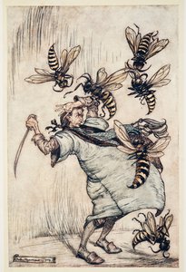 Gulliverin taistelu ampiaisten kanssa, Jonathon Swiftin (1667 - 1745) teoksesta Gulliver