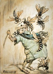 Gulliverin taistelu ampiaisia vastaan tekijältä Arthur Rackham