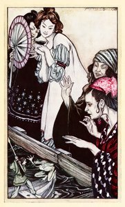 Gulliversin kohtaaminen sammakon kanssa Jonathan Swiftin Gulliversin matkoissa, osa II: Matka Brobdingnagiin. tekijältä Arthur Rackham