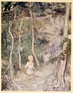 Hän saattaa ajatella, kuten tuijottavan hevosen tuijottaja: "Poika ei voi heiluttaa häntäänsä pitääkseen kärpäset loitolla", kuvitus James Stephensin teoksesta "Irish Fairy Tales", 1920. tekijältä Arthur Rackham