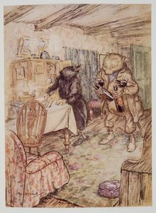 Tällä hetkellä hän ilmestyi uudelleen, hieman pölyisenä, pullo olutta kummassakin tassussa ja toinen kummankin käsivarren alla, Kenneth Grahamen (1859 - 1932) pubista Wind in the Willows. 1940 tekijältä Arthur Rackham