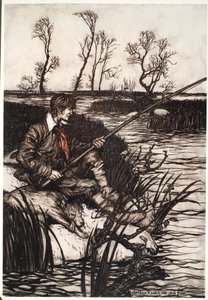 Hän istui märällä kivellä ja kalasti koko päivän. Washington Irvingin pubista Rip Van Winkle. 1910 tekijältä Arthur Rackham