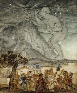 Hercules tukee taivasta Atlasin sijaan, 1922 tekijältä Arthur Rackham