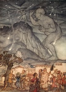 Hercules kohautti olkapäitään, kuva Nathaniel Hawthornen "Ihmekirjasta tytöille ja pojille", 1928. tekijältä Arthur Rackham