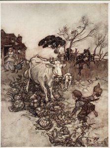 Hänen lehmänsä meni harhaan tai joutui kaalien joukkoon. Rip Van Winkle, Washington Irving, pubi. 1910 tekijältä Arthur Rackham