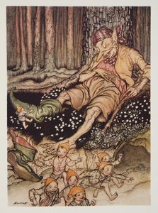 Hop-o-my-peukalo meni Ogreen pehmeästi ja veti jaloistaan seitsemän liigan saappaat The Arthur Rackham Fairy Book -pubista. 1933 tekijältä Arthur Rackham