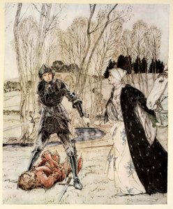 Kuinka Beaumains voitti punaisen ritarin ja tyttö puhui aina hänelle monia rumia sanoja, esimerkki Alfred W. Pollardin teoksesta "Kuningas Arthurin ja hänen pyöreän pöydän ritariensa romanssi", 1910 tekijältä Arthur Rackham