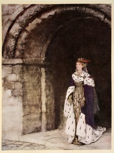 Kuinka Dame Lionesse ilmestyi puettuna kuin prinsessa, esimerkki Alfred W. Pollardin teoksesta "Kuningas Arthurin ja hänen pyöreän pöydän ritariensa romanssi", 1910 tekijältä Arthur Rackham