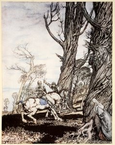 Kuinka Sir Launcelot tappoi ritari Sir Peris de Forest Savagen, joka aiheutti naisten, damoselien ja herrasnaisten ahdistusta, esimerkki A:n "Kuningas Arthurin ja hänen pyöreän pöydän ritariensa romanssista" tekijältä Arthur Rackham