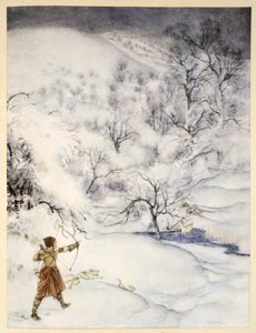 Kuinka herrasnainen ampui Sir Launcelotin metsästämässä, kuvitus Alfred W. Pollardin teoksesta "Kuningas Arthurin ja hänen pyöreän pöydän ritariensa romanssi", 1910 tekijältä Arthur Rackham