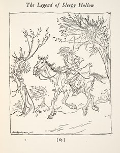 Ichabod Crane pakenee päätöntä ratsumiestä, Washngton Irvingin (1783 - 1859) teoksesta The Legend of Sleepy Hollow (Unisen kolkan tarina), kust. 1928 tekijältä Arthur Rackham