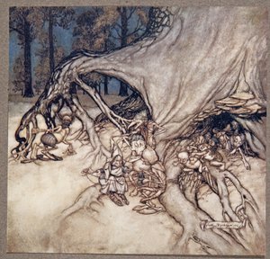 Jos keijujen joukossa olevat pahat sattuvat olemaan ulkona, Peter Panista Kensington Gardensissa, kirjoittanut J M Barrie (1860 - 1937), pub. 1906 tekijältä Arthur Rackham