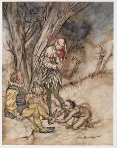 Suutelen heidän jalkaansa: Ill swear myself your subject, kuvitus William Shakespearen Myrsky, pub. 1926 tekijältä Arthur Rackham