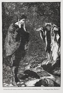 Kuvitus Jorindasta ja Joringelistä Zachielista ja vanhasta naisesta. tekijältä Arthur Rackham