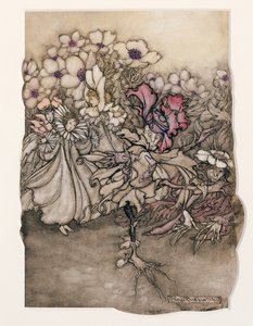 Kuvitus Peter Panista Kensington Gardensissa, J. M. Barrie (1860-1937) 1906 (kynä ja muste wc:llä paperilla) tekijältä Arthur Rackham