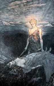 Kuvitus Siegfriedistä ja jumalien hämärästä, 1924. tekijältä Arthur Rackham