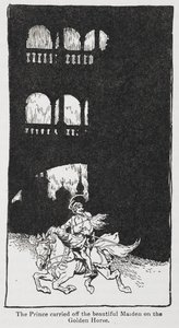 Kuvitus Kultaisesta linnusta, kun prinssi kantaa neiton hevosen selässä. tekijältä Arthur Rackham
