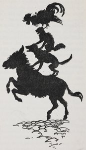 Kuvitus Bremenin kaupungin muusikoista perseestä, koirasta, kissasta ja kukosta. tekijältä Arthur Rackham