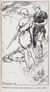Kuva Imogenistä ja hänen veljistään Cymbelinesta. tekijältä Arthur Rackham