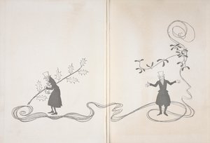 Kuva Scrooge. Toisella puolella häntä kuvaa hollyn oksa, joka puristaa rahapussia ja näyttää vihaiselta. Toisaalta hänet on kuvattu onnellisen näköisenä mistelinoksalla. tekijältä Arthur Rackham