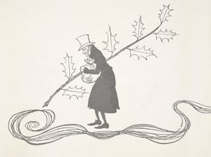 Kuva Scroogesta, jota kuvaa hollyn oksa, puristamassa rahapussia ja näyttäen vihaiselta. tekijältä Arthur Rackham