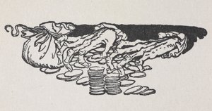 Kuva Scroogen käsistä, jotka laskevat rahaa tekijältä Arthur Rackham