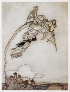 Ilustração de um dragão carregando a princesa de The Four Clever Brothers.finnish tekijältä Arthur Rackham
