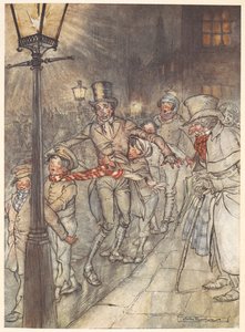 Ilustração de uma cena de rua na véspera de Natal com Bob Cratchit e children.finnish tekijältä Arthur Rackham