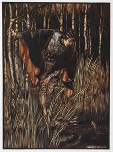 Kuva nuoresta lammen rannalla Valkoisesta käärmeestä. tekijältä Arthur Rackham
