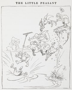 Kuva miehistä hyppäämässä kalliolta lampeen Pikkutalonpoikiasta. tekijältä Arthur Rackham