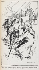 Kuva kolmesta noidista, Macbeth ja Banquo. tekijältä Arthur Rackham