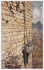 Ilustração da bruxa subindo no cabelo de Rapunzel. finnish tekijältä Arthur Rackham